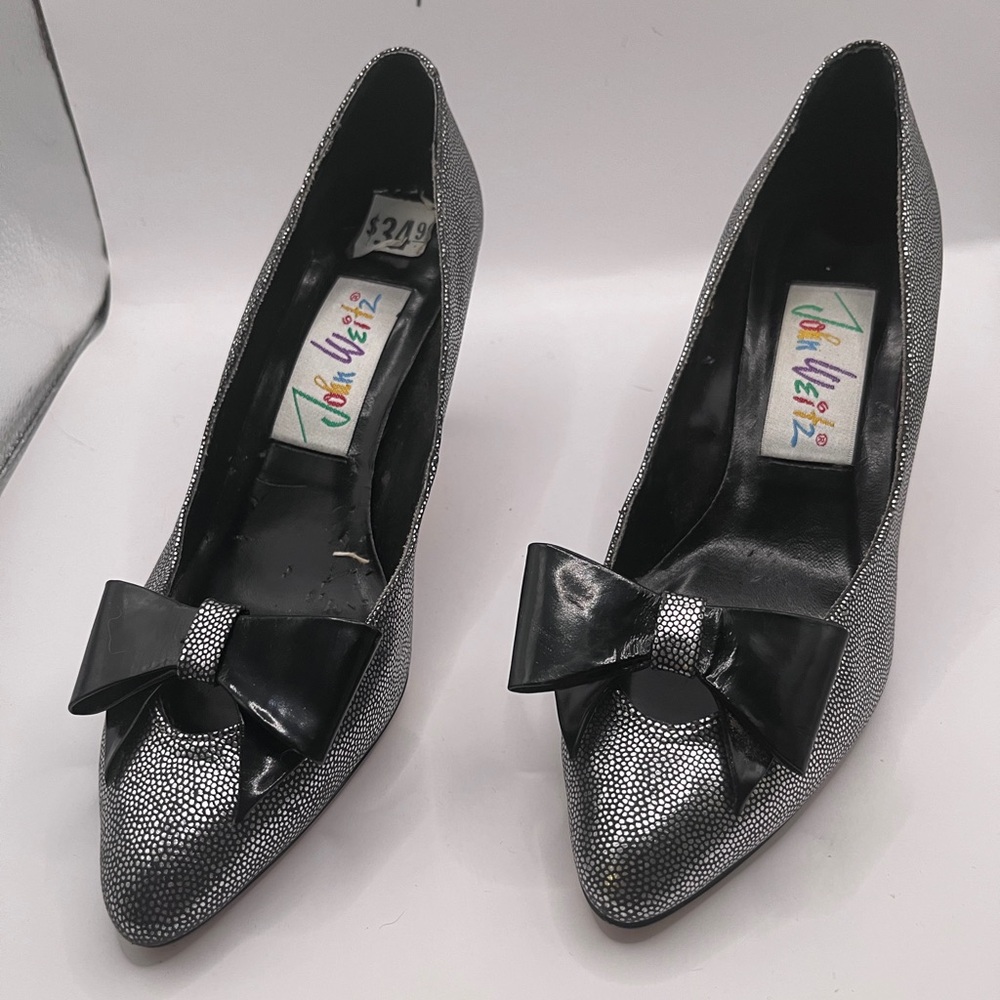 Chic Black and Silver Heels with Bow by John Weitz